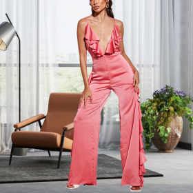 Solid satin jumpsuit with ruffled edges and sleeveless jumpsuit