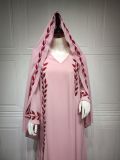 Chiffon long Muslim embroidered pink round neck dress with headscarf