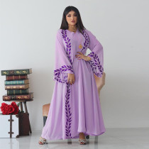 Chiffon long Muslim embroidered pink round neck dress with headscarf