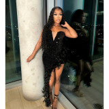 Solid color strapless backless sequin feather dress