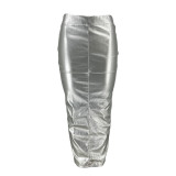 Solid Leather Split Slim Fit Wrap Hip Skirt