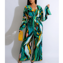 Leisure printed long sleeved wide leg jumpsuit with lace up