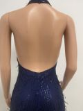 Sleeveless open back sequin deep V neck tassel women's jumpsuit