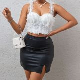 Spliced lace and ruffled edge wrap chest elastic pearl lace strap