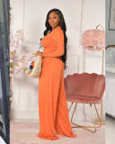 Solid color round neck long sleeved wide leg pants two-piece set