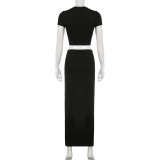 Perforated Hollow Round Neck Pullover Short T-shirt Long Dress Two Piece Set