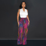 Colorful printed V-neck sleeveless pants two-piece set
