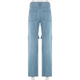 High waisted zipper with straight cut holes and hollowed out old jeans