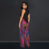 Colorful printed V-neck sleeveless pants two-piece set