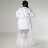 Half mesh short sleeved cardigan lapel low cut oversized dress