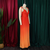 Deep V-neck sexy high waisted gradient pleated long skirt