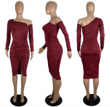 Oblique Shoulder Pleated Split Dress
