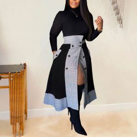 Long sleeved small high neck plaid split mid length skirt two-piece set