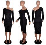 Oblique Shoulder Pleated Split Dress