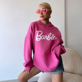 Casual Pink Barbie Letter Print Loose Hooded Sweater