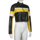 Spliced contrasting color long sleeved motorcycle style PU leather jacket