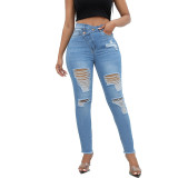 Diagonal buckle women's high waisted high elastic small leg jeans