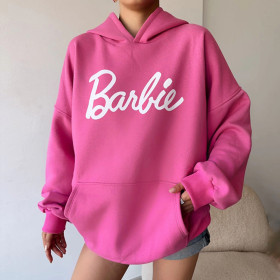 Casual Pink Barbie Letter Print Loose Hooded Sweater