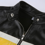Spliced contrasting color long sleeved motorcycle style PU leather jacket