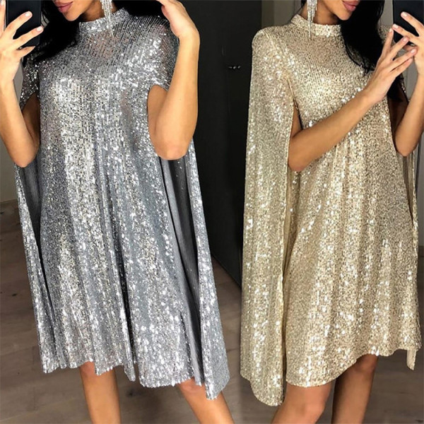 Small standing neck sequin dress loose fitting women's clothing