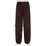 Woven pants Loose multi pocket vintage drawstring overalls