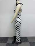 Printed polka dot neck strap contrasting elastic jumpsuit
