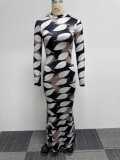 Printed Elastic Round Neck Long Sleeve Wrap Hip Tight Fishtail Dress
