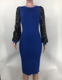 Sequin sleeve patchwork solid color mid length dress