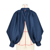 Denim Button Bat Sleeve Open Back Cardigan Top