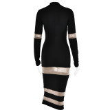 Round neck long sleeved patchwork perspective dress