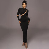 Round neck long sleeved tight fitting high elastic patchwork long skirt