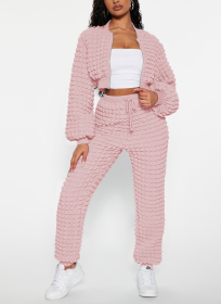 Casual Solid Popcorn Two Piece Set