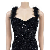 Solid feather sequin sleeveless short dress