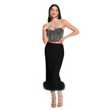 Solid sexy bra high waisted long skirt two-piece set