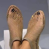 Round toe flat bottomed hollowed out diamond inlaid single shoe large mesh shoe