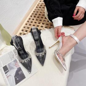 Luxury Rhinestone Chain Pointed Imitation Silk Super High Heel Slim Heel Wedding Shoes