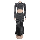 Hot Diamond Wrap Hip Tight Elastic Long Sleeve Fishtail Skirt Set