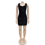 Solid feather sequin sleeveless short dress