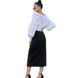 Riveted buttocks elastic denim long skirt