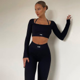 Solid Knitted Letter Tight Set Round Neck Tight Two Piece Set