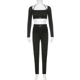 Solid Knitted Letter Tight Set Round Neck Tight Two Piece Set