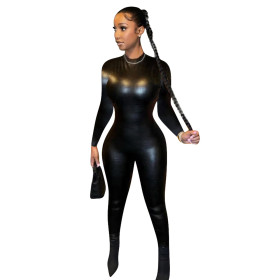Solid PU faux leather pleated snake patterned slim fitting long sleeved buttocks jumpsuit