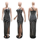 Hip Wrap Skirt Oblique Shoulder Sexy Perspective Iron Diamond Evening Dress Dress