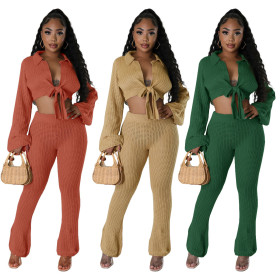 Casual lace up micro horn solid knit sweater two-piece set