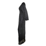 Sequin Long Sleeve V-Neck Sexy Beaded Long Dress