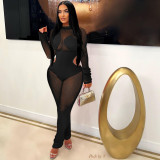 Mesh stitching hollow out sexy nightclub jumpsuit