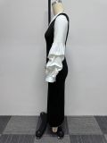 Contrast Diagonal Shoulder Elastic Wrap Hip Split Lantern Sleeve Dress