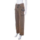 Tie dyed denim high waisted straight leg patchwork multi pocket pants