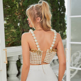 Pearl camisole corset vest with metal chain vest beaded top