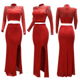 Round neck mesh sequin long sleeved top paired with high slit long skirt two-piece set